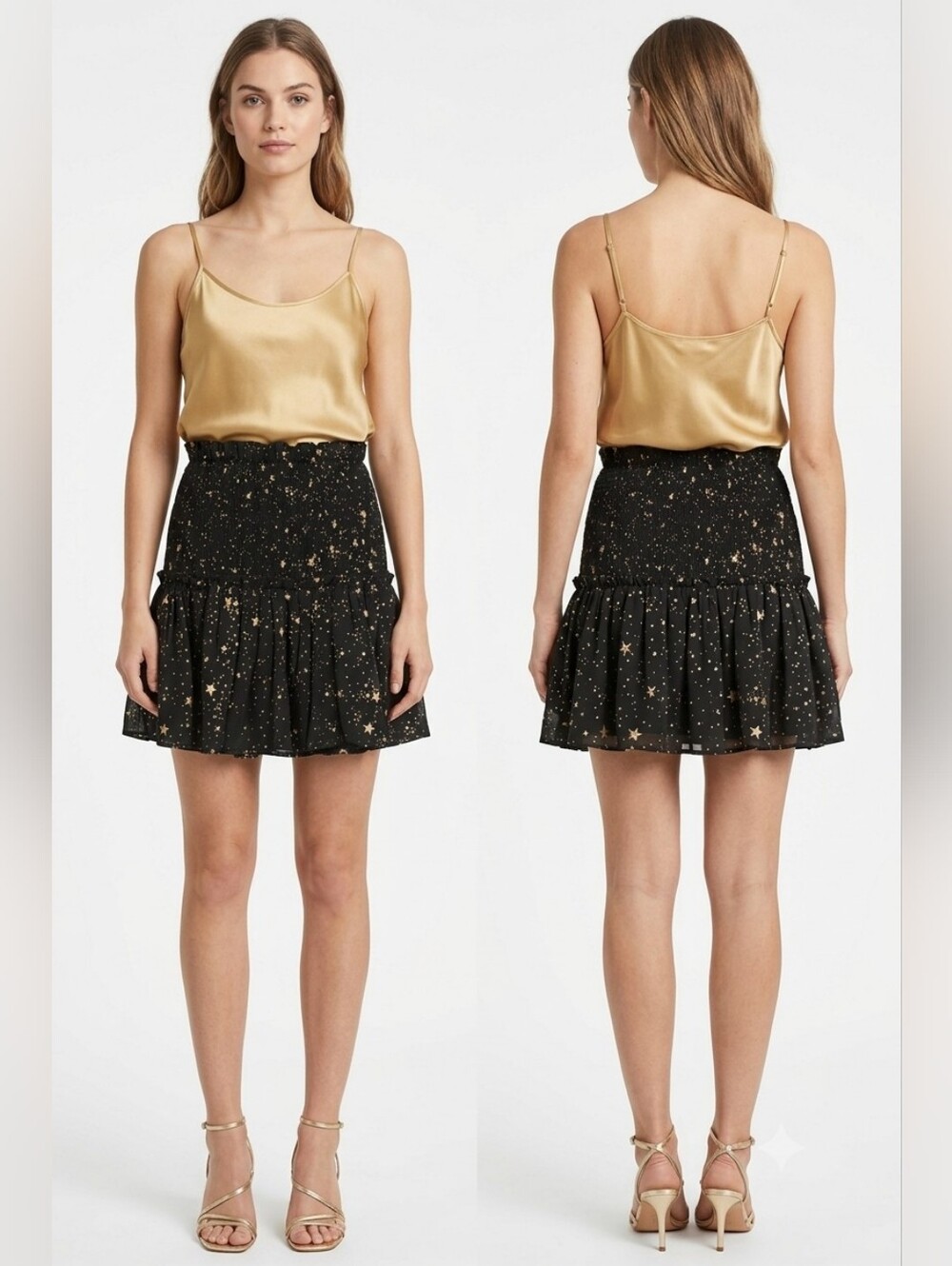 Nwt Aqua for Bloomingdale’s Exclusive Black Smocked Star Ruffle Mini Skirt Gold